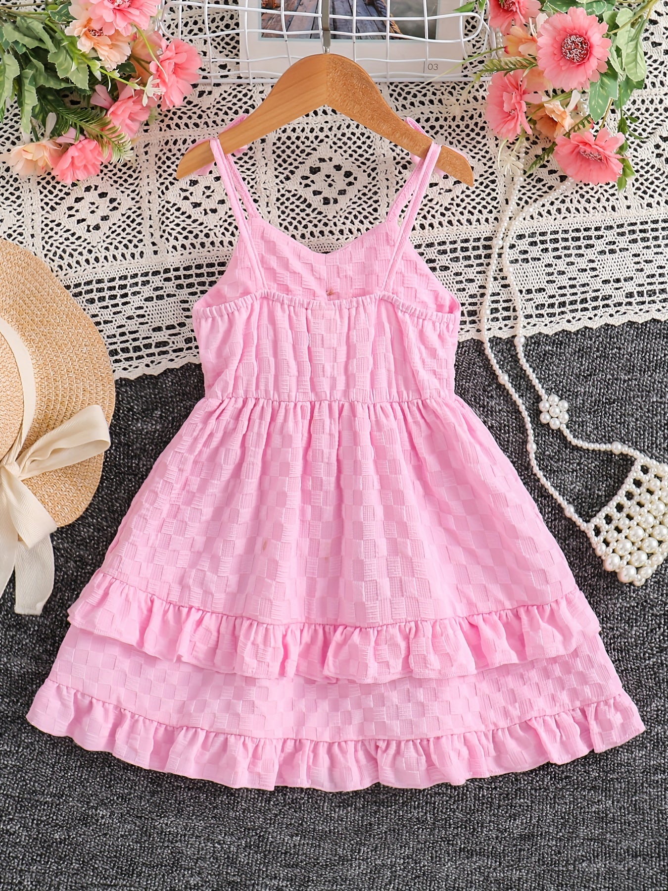 Girls' Bowknot Spaghetti Strap Cami Dress Knee Length