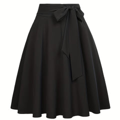  Casual Skirt Solid Elastic Bow Knot A-line Belted Skirt