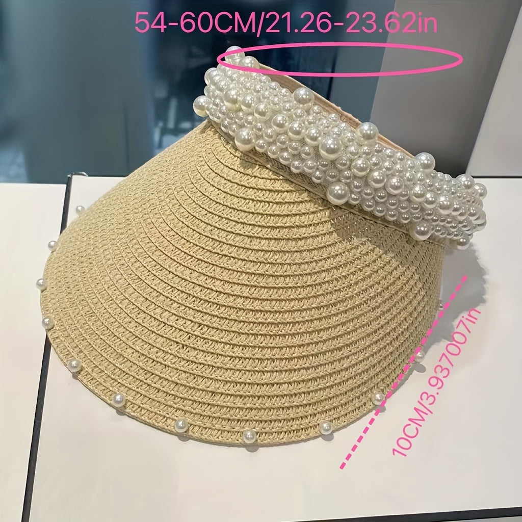 Straw Ponytail Sun Hat with Faux Pearl Decor