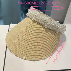 Straw Ponytail Sun Hat with Faux Pearl Decor