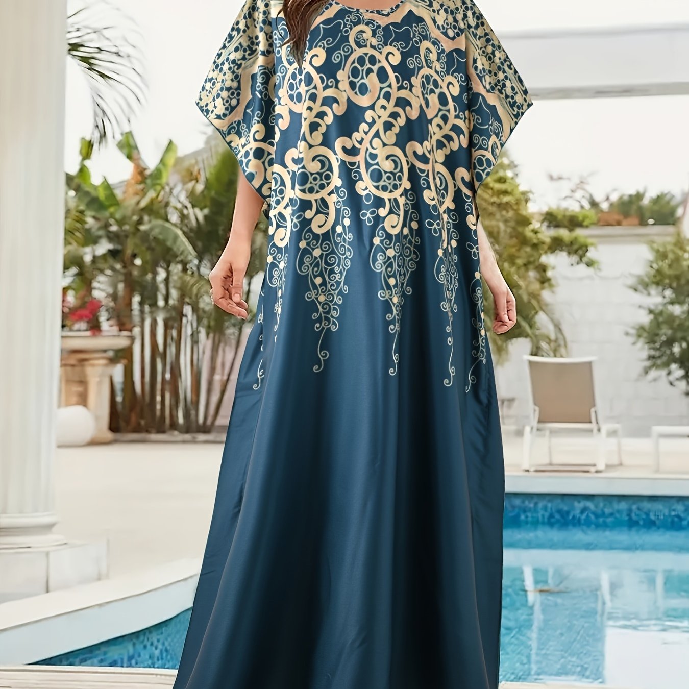 Boho Kaftan Dress Plus Size Baroque Print Maxi Cover Up