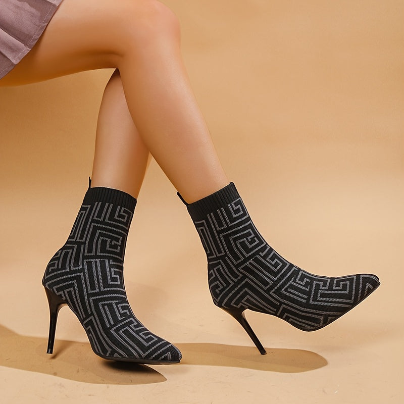 Women's Geometric Pattern Stretch Boots Pointed Toe High Heels