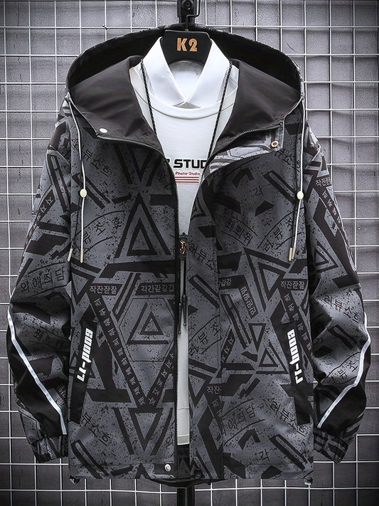 Geometric Pattern Hooded Windbreaker Jacket Men's Zip Up Jacket