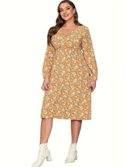  Floral Print Surplice Neck Midi Dress