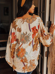 Plus Floral Print Lantern Sleeve V Neck Tunic Top