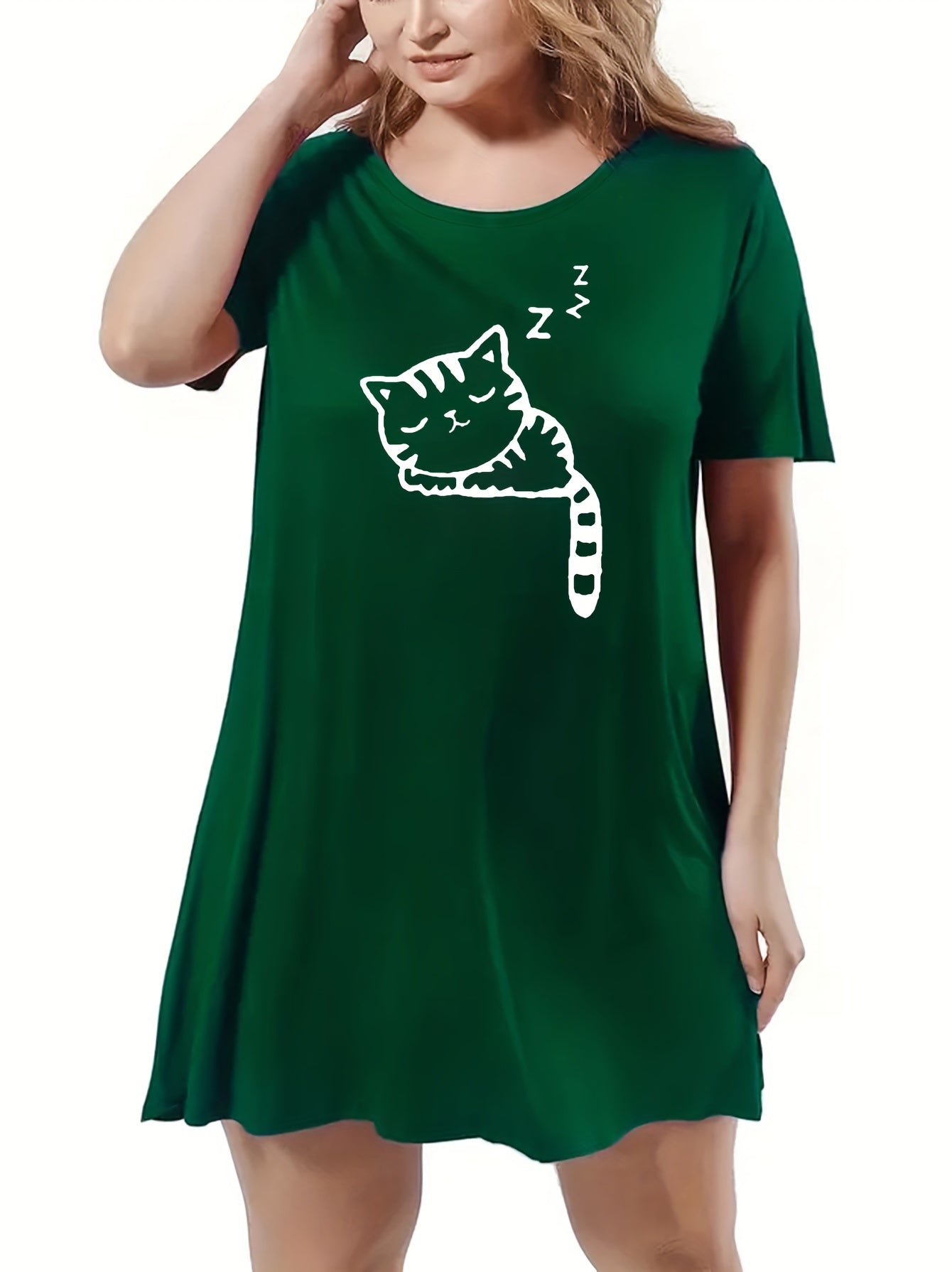  Cat Print Loungewear Dress Short Sleeve Round Neck Sleep Dress