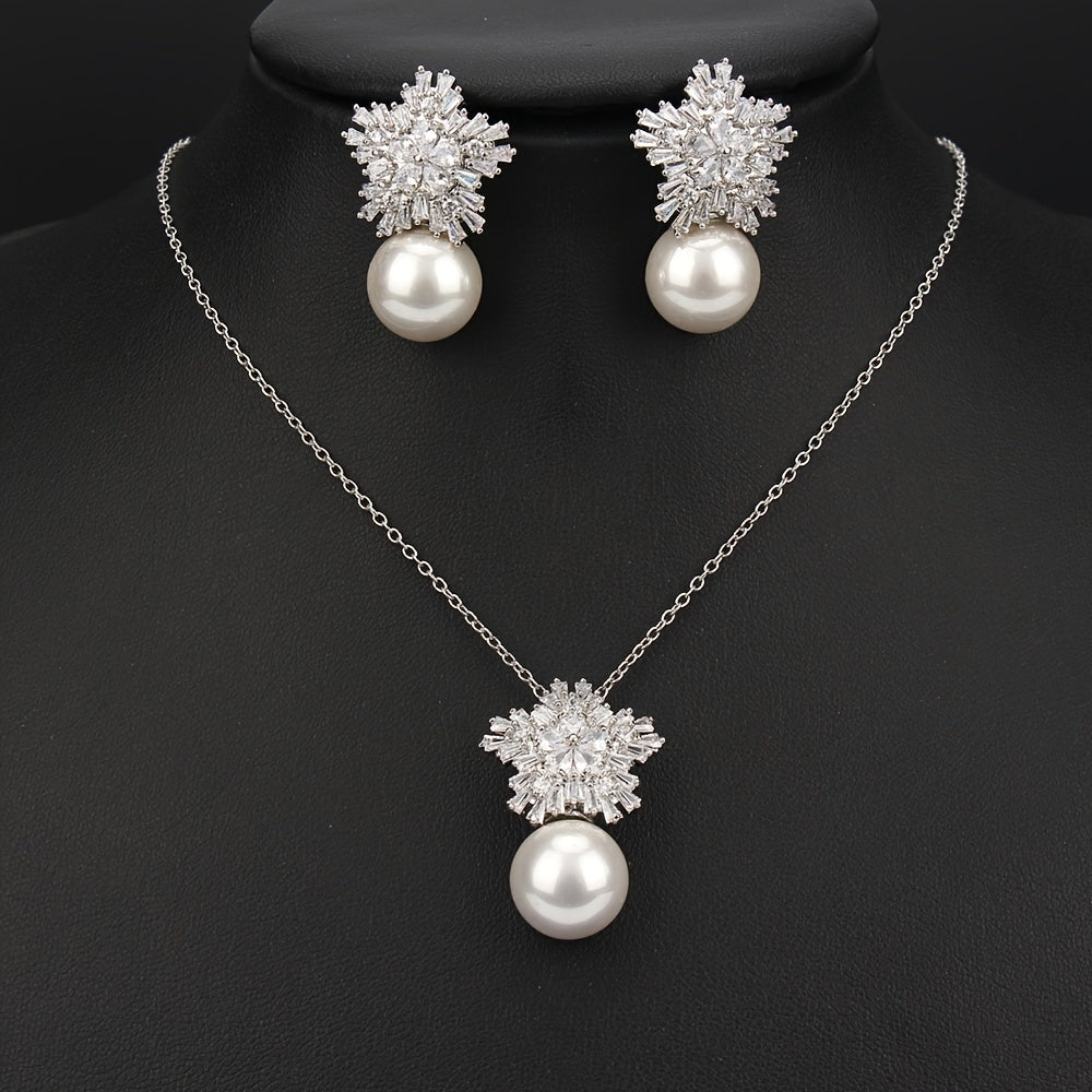 Flower Shape Faux Pearl Jewelry Set Necklace & Earrings