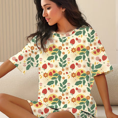 Strawberry Print Pajama Set Short Sleeve Top & Shorts Women's Sleepwear