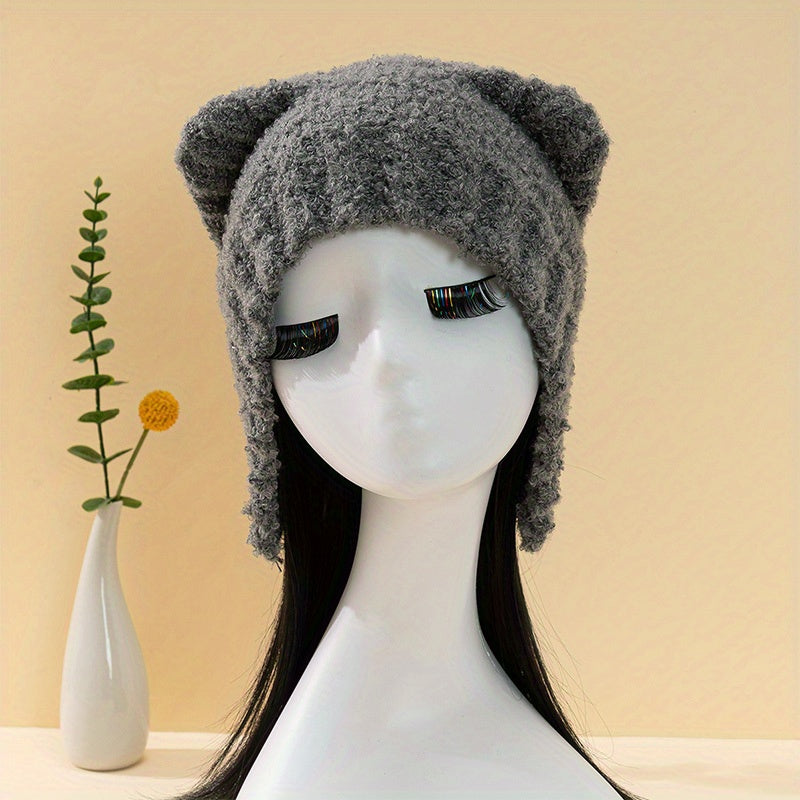 Bear Ears Knit Hat Solid Fleece Beanie Warm Animal Hat Ear Protection