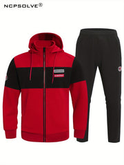 Men's 2 Piece Outfits Block Hooded Zipper Jacket And Sweatpants Set