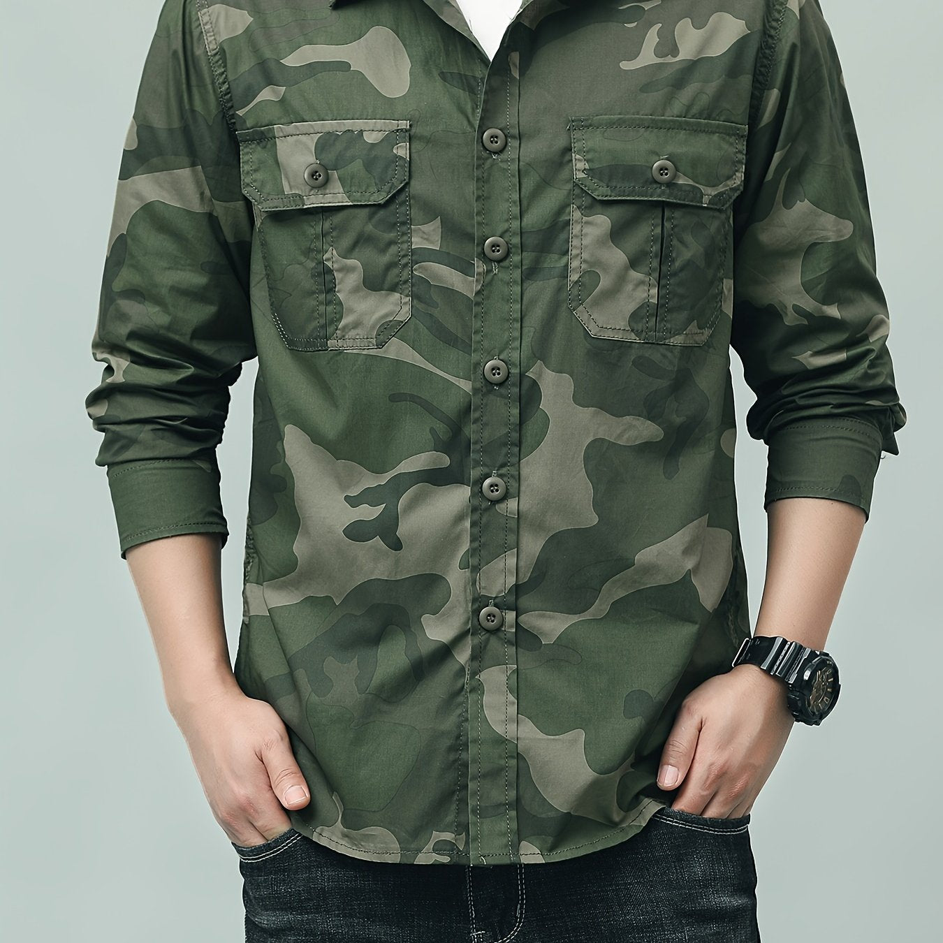 Camouflage Pattern Men's Breathable Long Sleeve Button Up Shirt