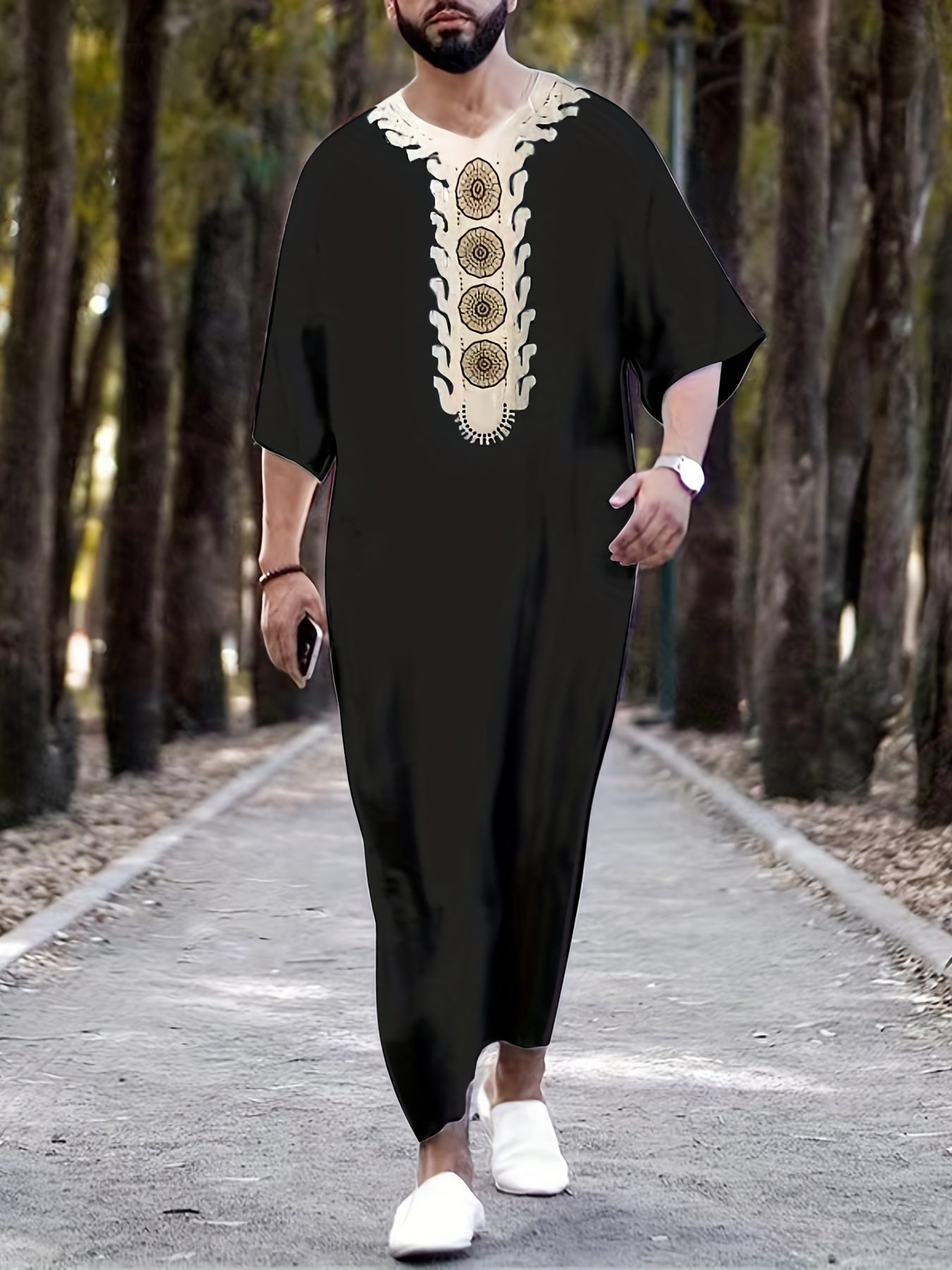 Arabic Kaftan Men Half Sleeve Muslim Clothes Vintage Casual Dubai Jubba Thobe