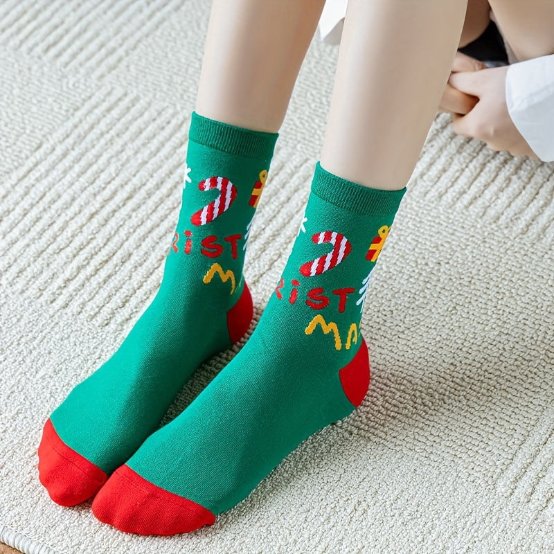 4 Pairs Christmas Letter Print Socks Women's Mid Tube Stockings