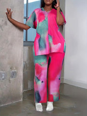  Tie Dye Short Sleeve V Neck Top & Pants Set