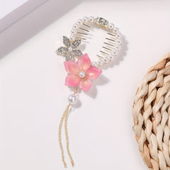 Flower Hair Claw Clip Chain Tassel Faux Pearl Rhinestone Hair Clip