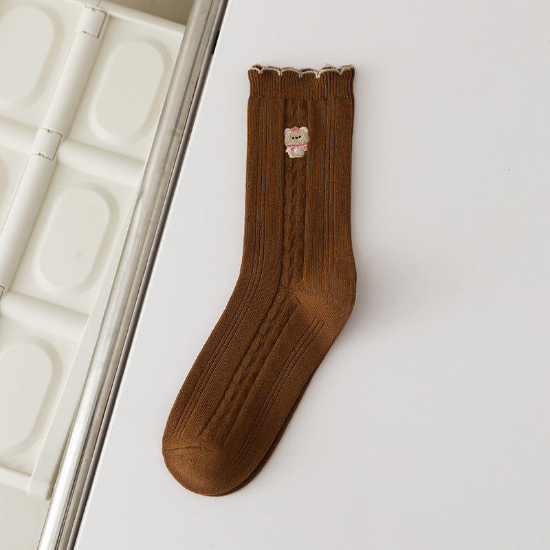 Women's Bear Embroidered Texture Socks