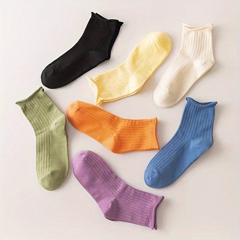 7 Pairs Solid Curling Socks Women's Mid Tube Stockings Soft & Comfy Hosiery
