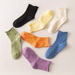 7 Pairs Solid Curling Socks Women's Mid Tube Stockings Soft & Comfy Hosiery