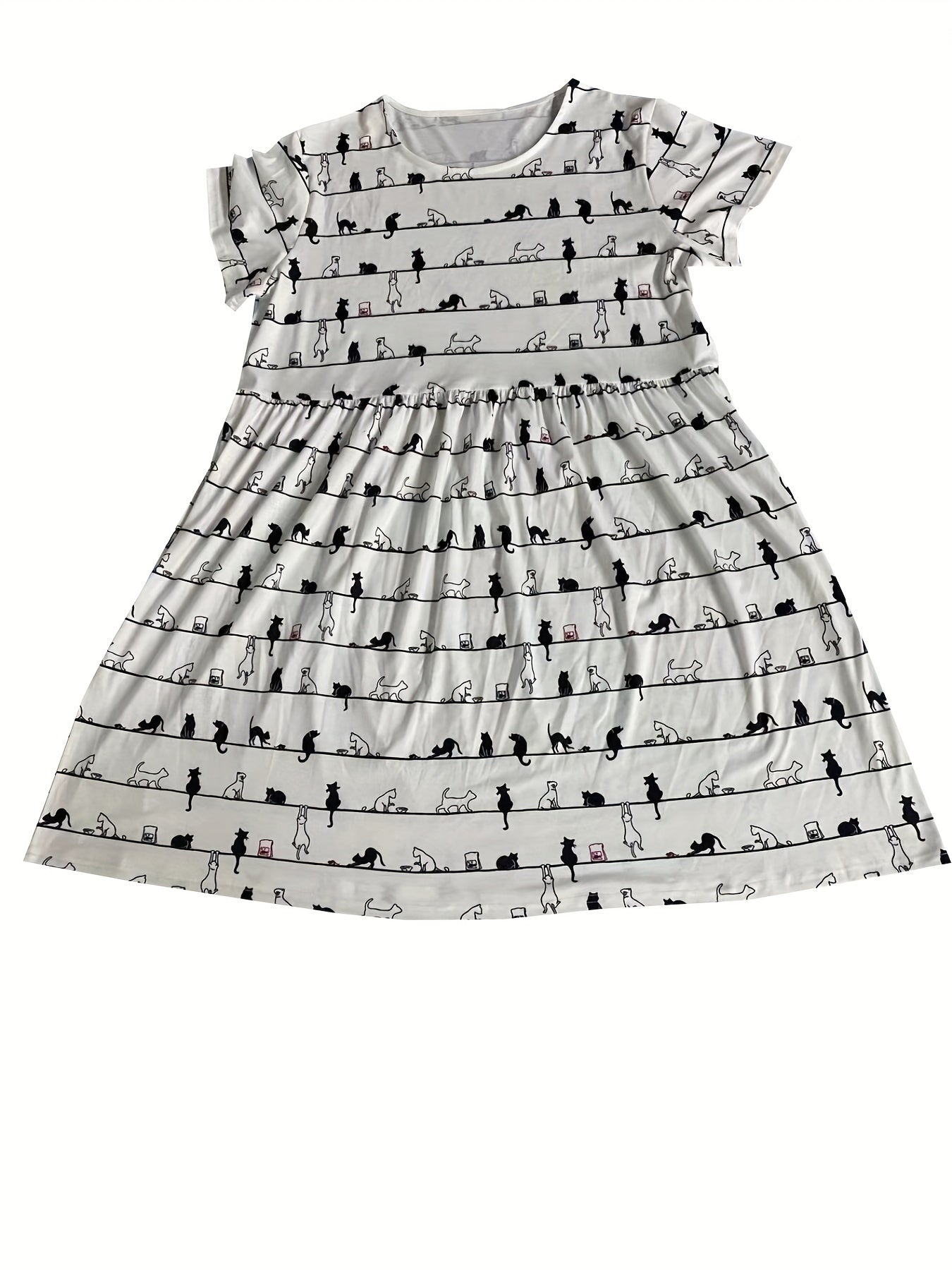  Cat Print Short Sleeve Round Neck Dress