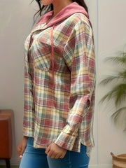  Plaid Print Long Sleeve Button Up Drawstring Hooded Shacket