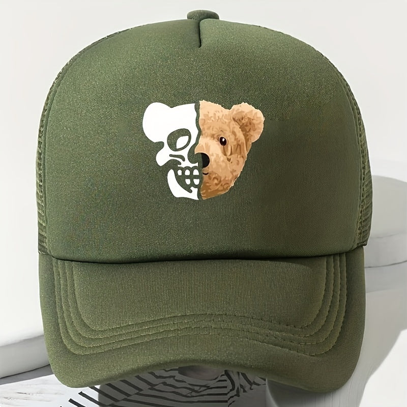 Skull Bear Print Trucker Hat Hip Hop Mesh Baseball Cap