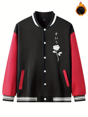Rose Pattern Embroidery Varsity Jacket Men's Casual Block Button Up Jacket