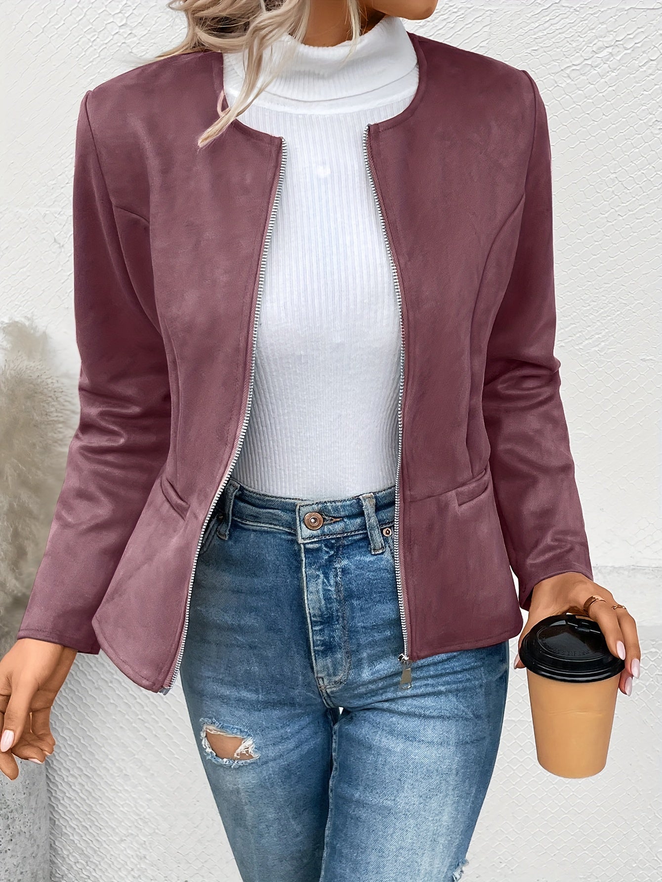 Solid Zip Up Jacket Casual Long Sleeve Crew Neck Outerwear