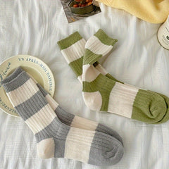 3 Pairs Striped Crew Socks Soft Mid Tube Stockings