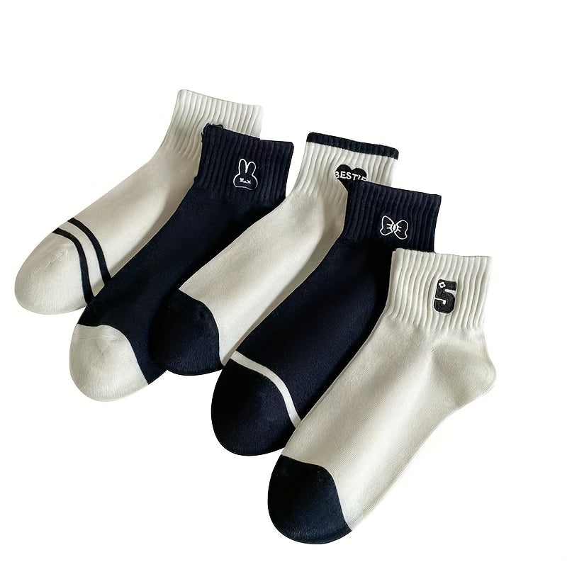 5 Pairs Floral & Heart Print Crew Socks Women's Stockings