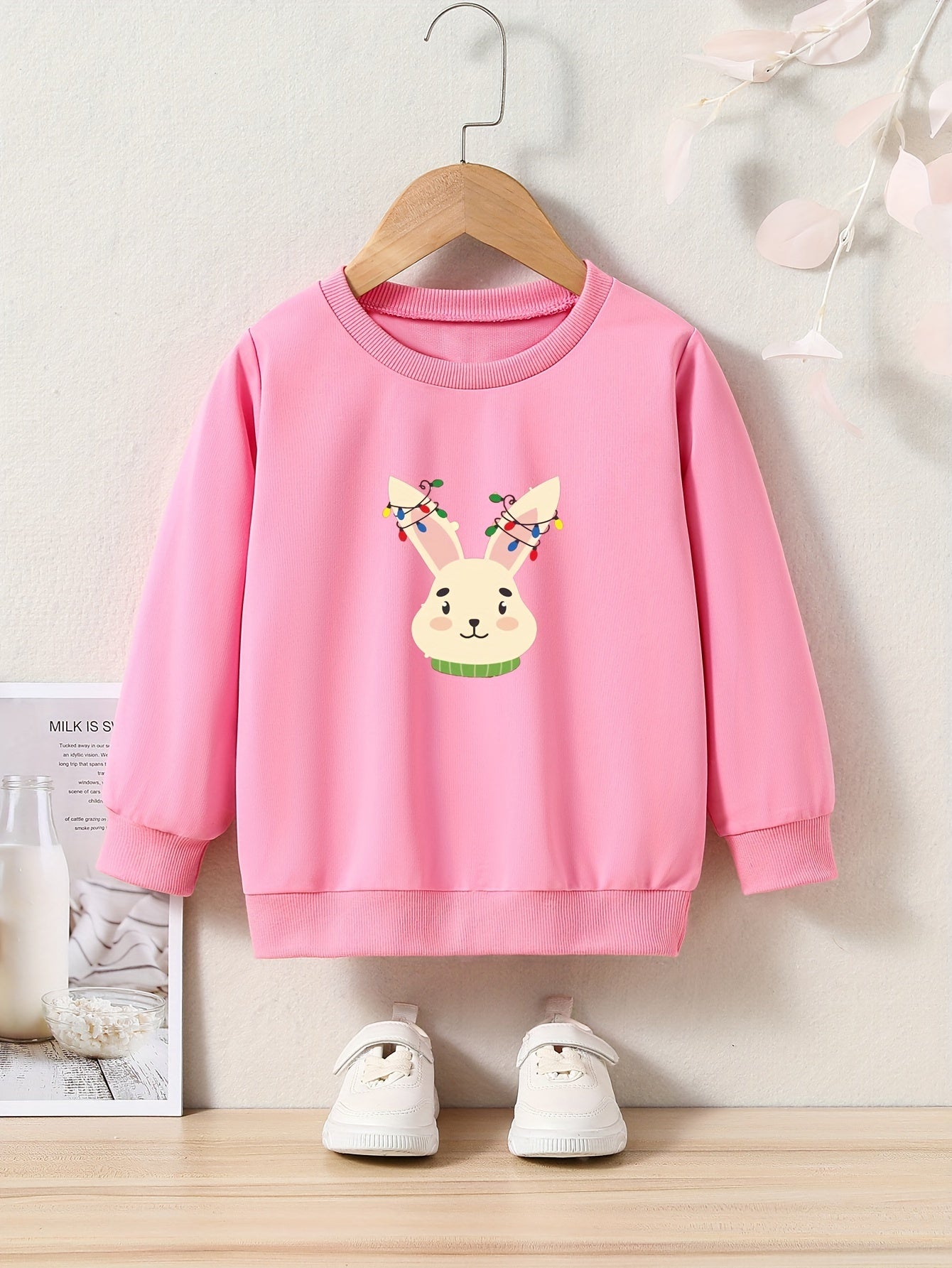 Christmas Light Bunny Graphic Crew Neck Long Sleeve Sweatshirt Kids