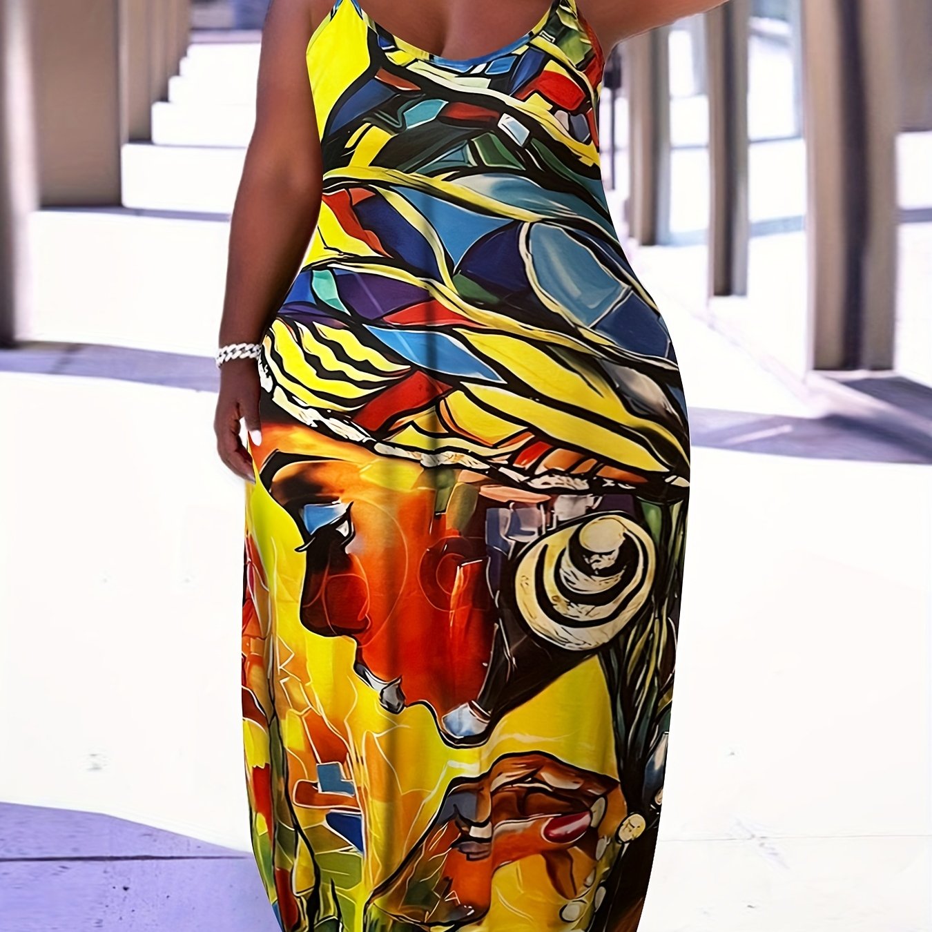  Colorblock Figure Print Maxi Cami Dress