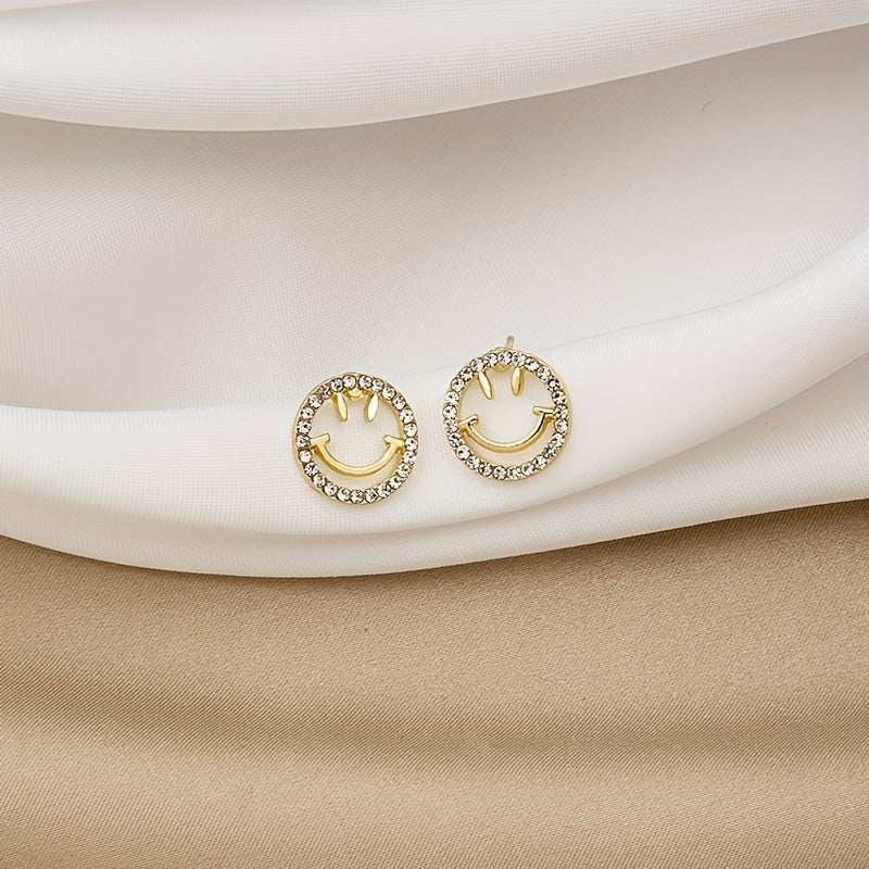 Golden Silvery Smiling Face Zircon Stud Earrings Japanese Style