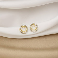 Golden Silvery Smiling Face Zircon Stud Earrings Japanese Style