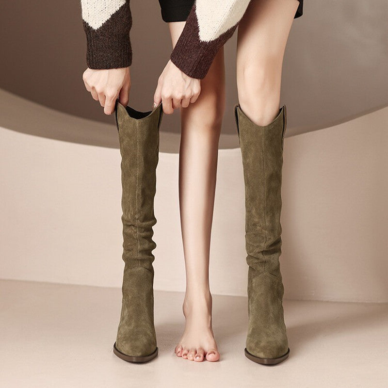 Women's V Mouth Slip On Boots Pointed Toe Faux Leather Knight Boots