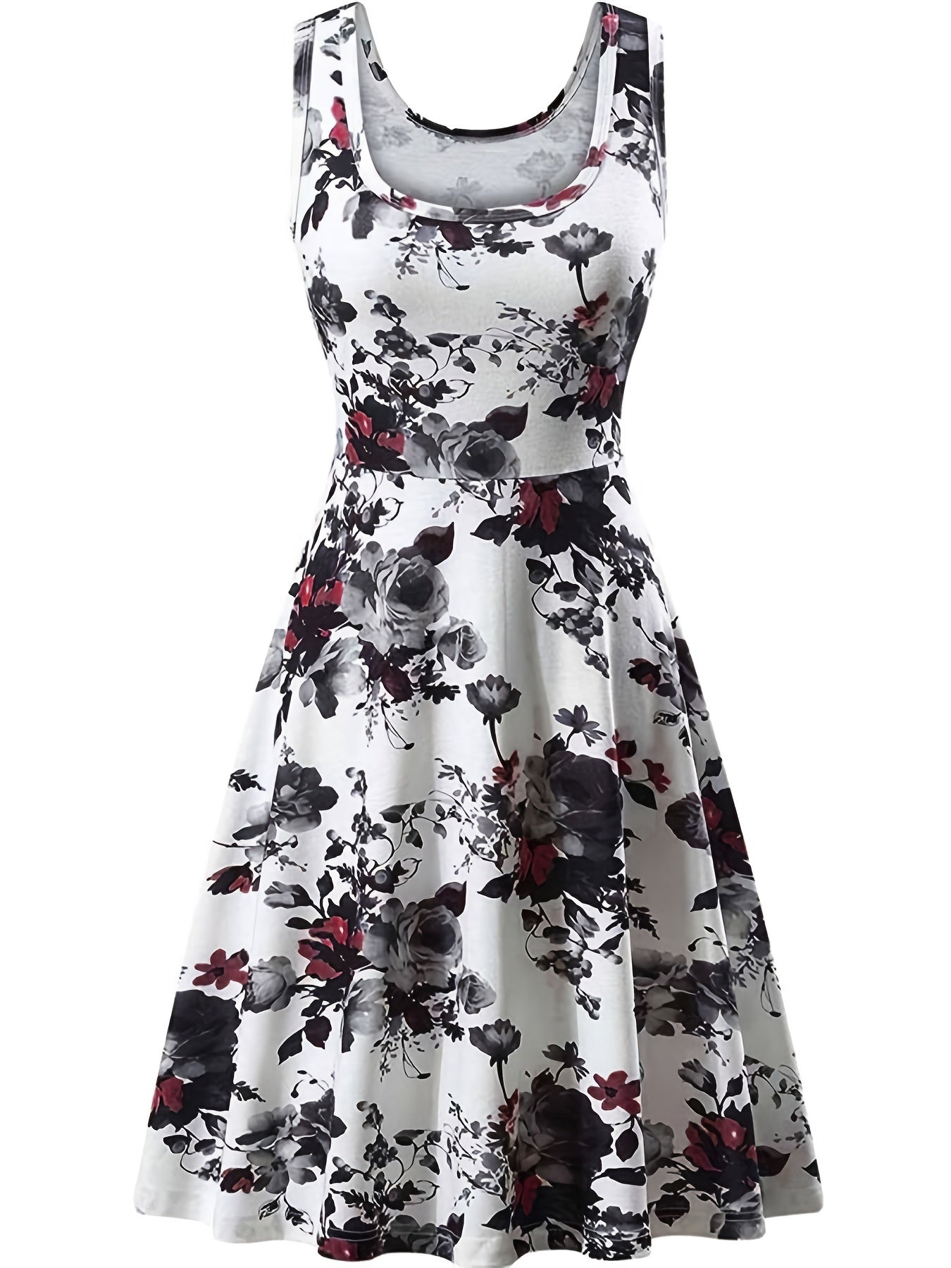  Floral Print Round Neck Stretch Tank Dress