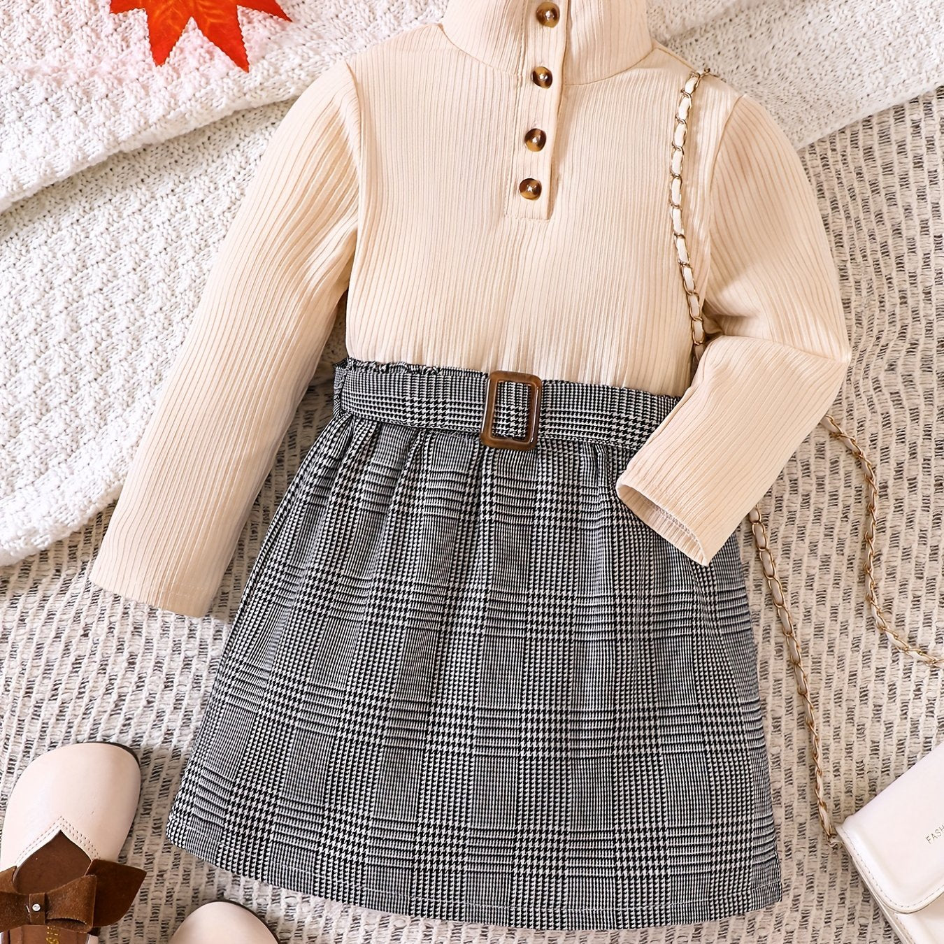 Girl's Ribbed Turtleneck Top & Plaid Belted Skirt Set Casual Outfits