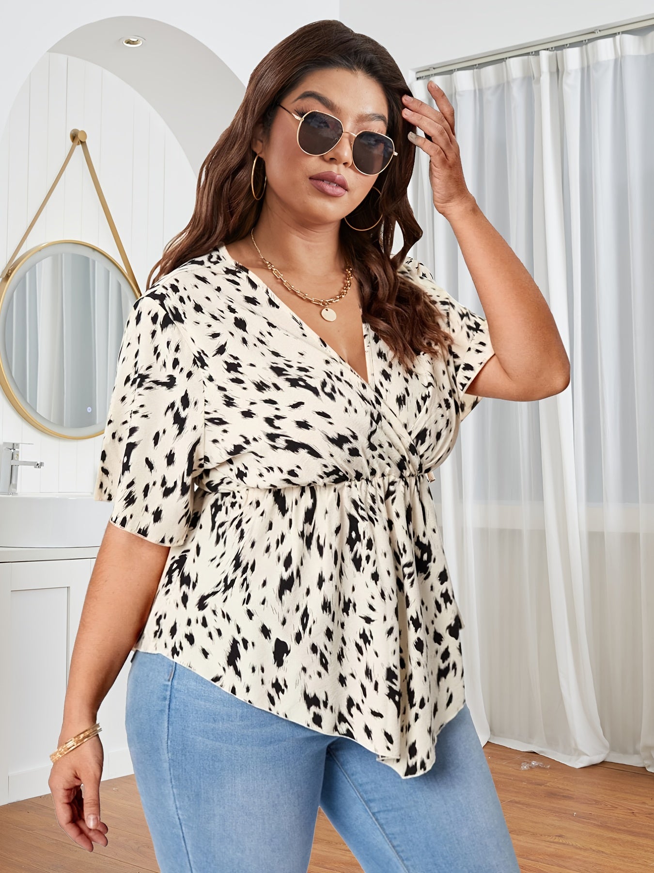  Leopard Print Faux Wrap Peplum Blouse