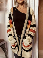  Striped Long Sleeve Open Front Cardigan with Pockets
