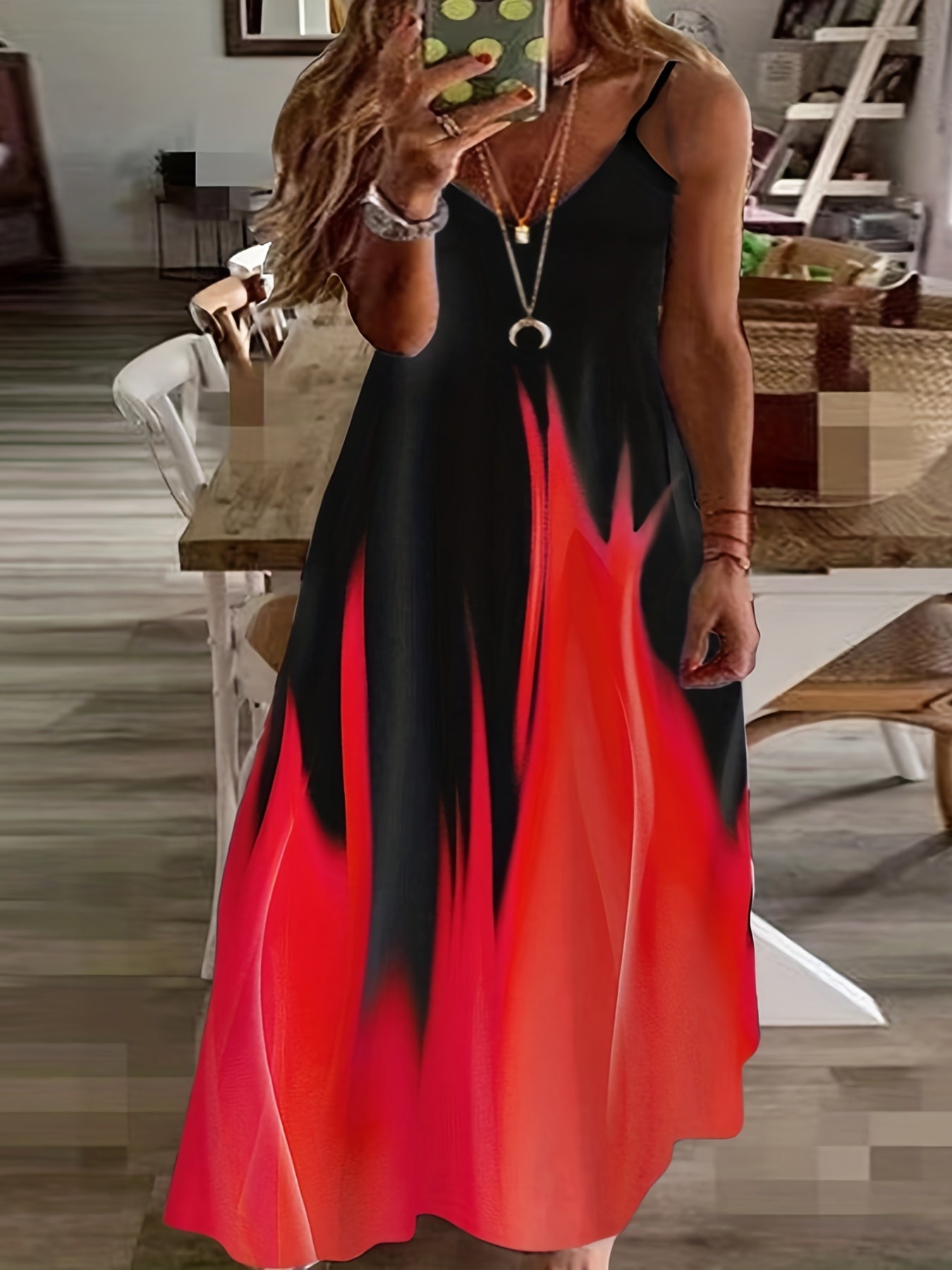 Colorblock Fire Print Maxi Cami Dress