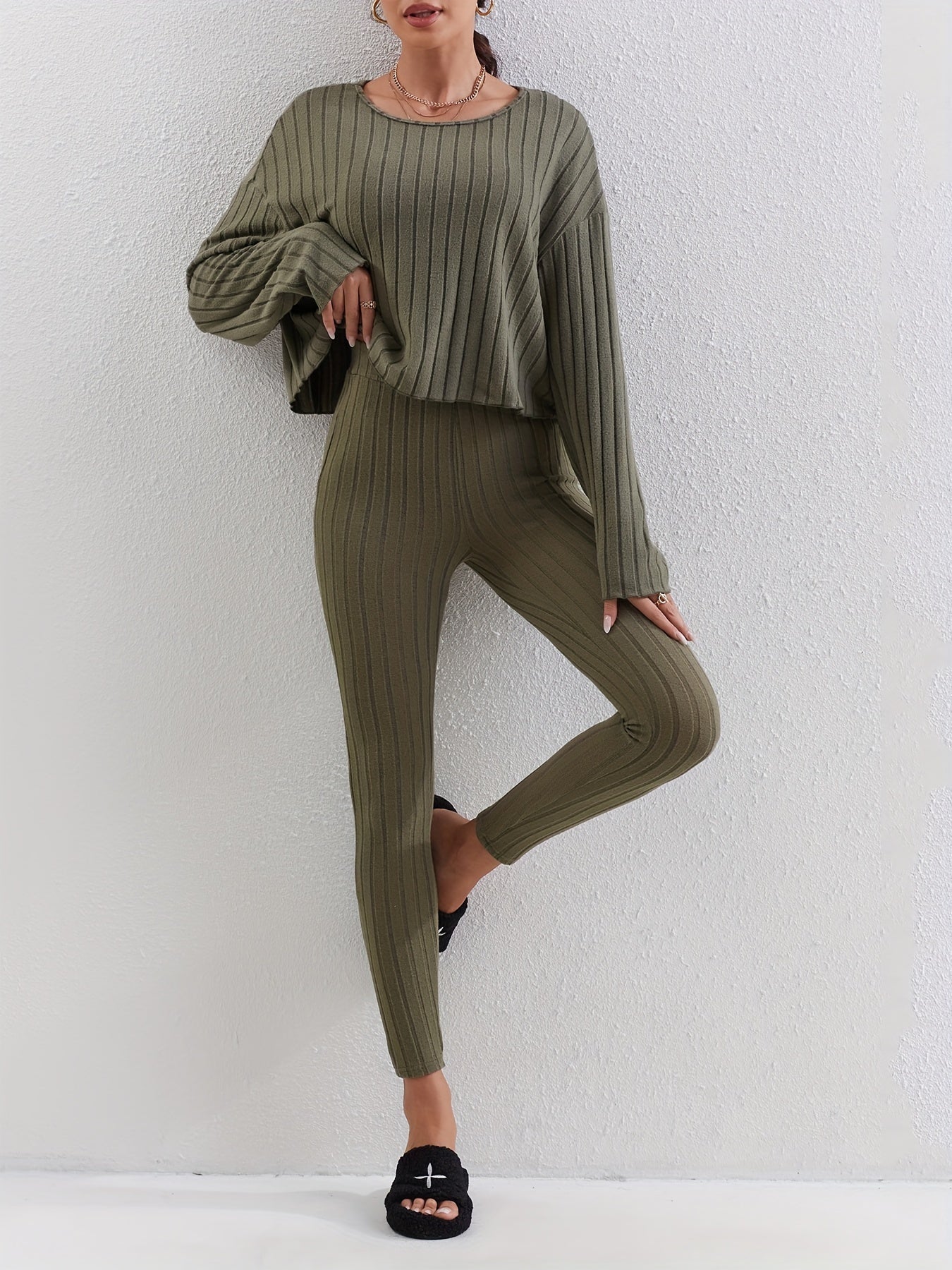 Ribbed Knit Two piece Set Casual Long Sleeve T shirt & Skinny Pants Outfits