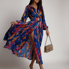 Boho Surplice Neck Maxi Dress Long Sleeve