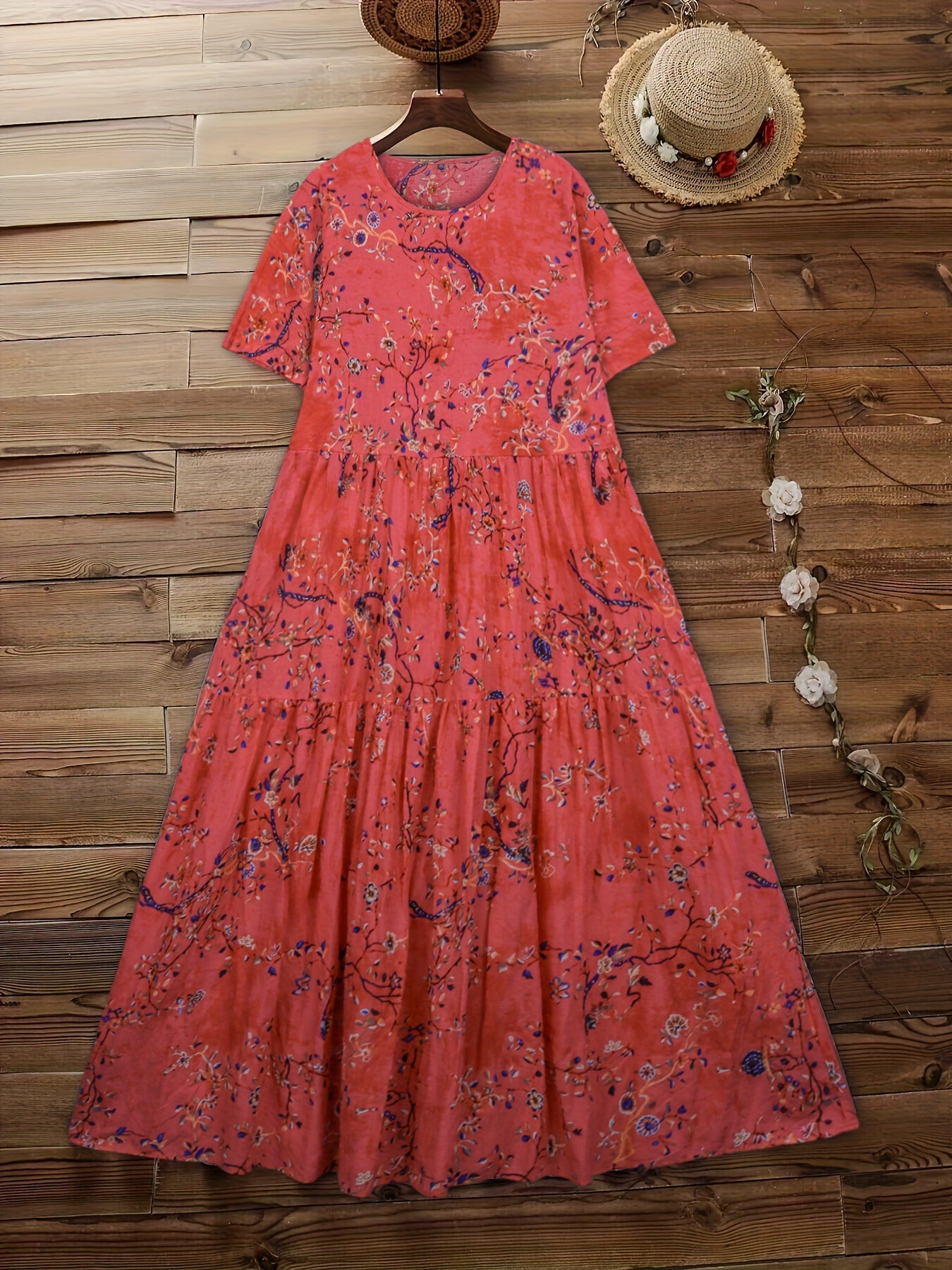  Floral Print Short Sleeve Round Neck Dress