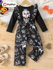 Toddler Girls Skeleton Print 2 In 1 Long Sleeve Top And Overalls Set
