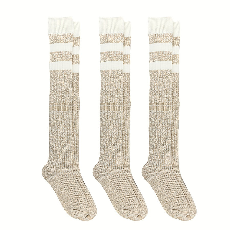 3 Pairs Striped Calf Socks College Style Warm Knee High Socks Women's