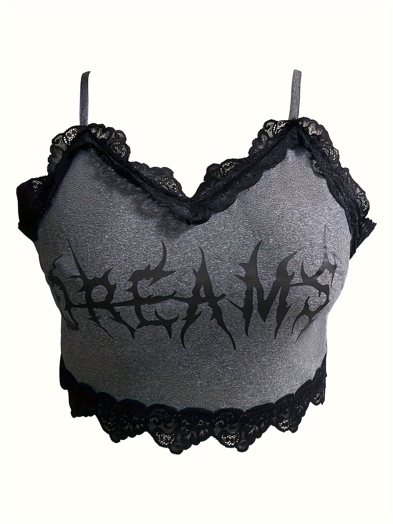  Gothic Cami Top Art Letter Print Lace Trim V Neck Crop Cami