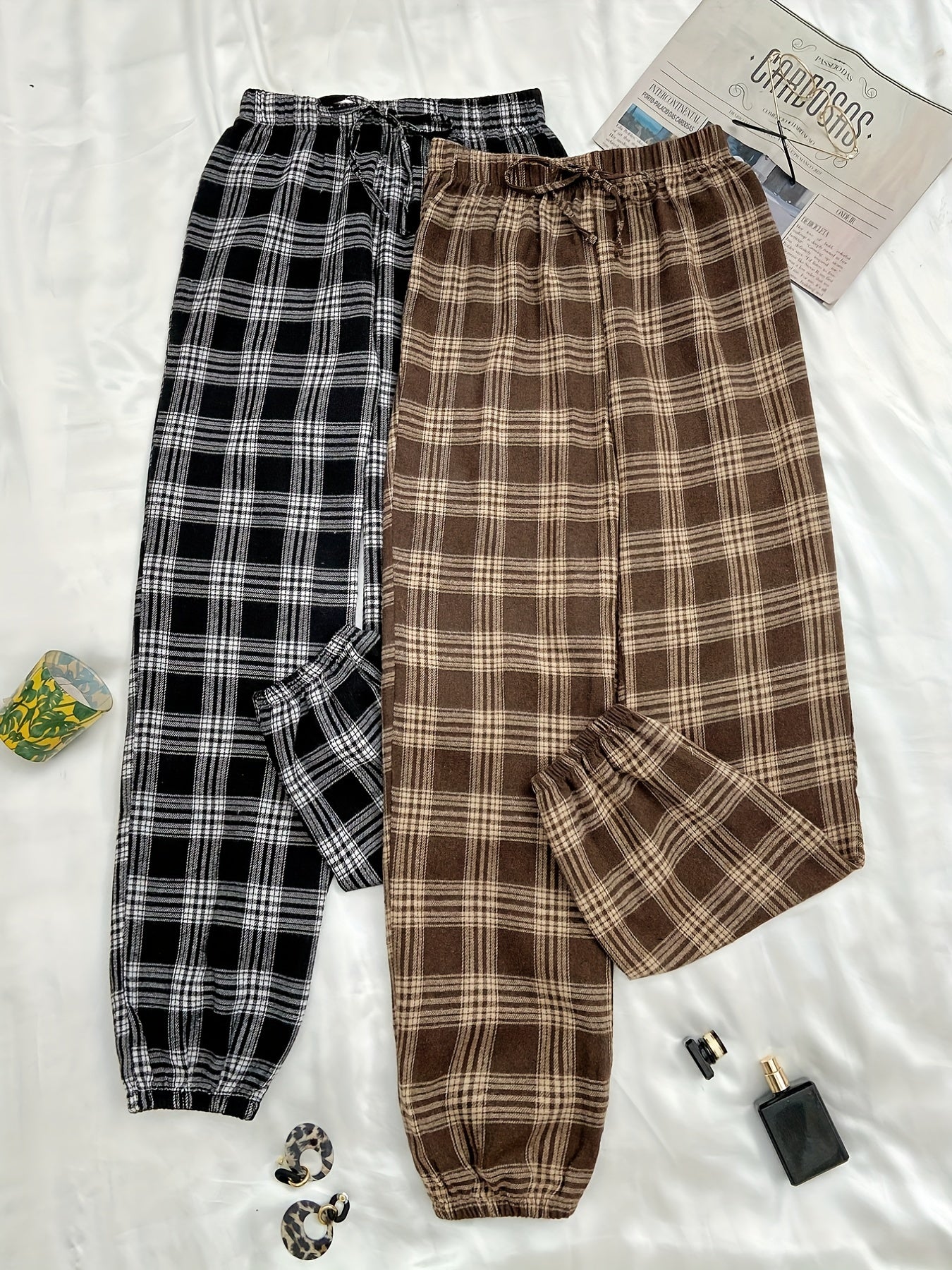 2pcs Plaid Sleep Bottoms Soft & Comfy Elastic Waistband Pants