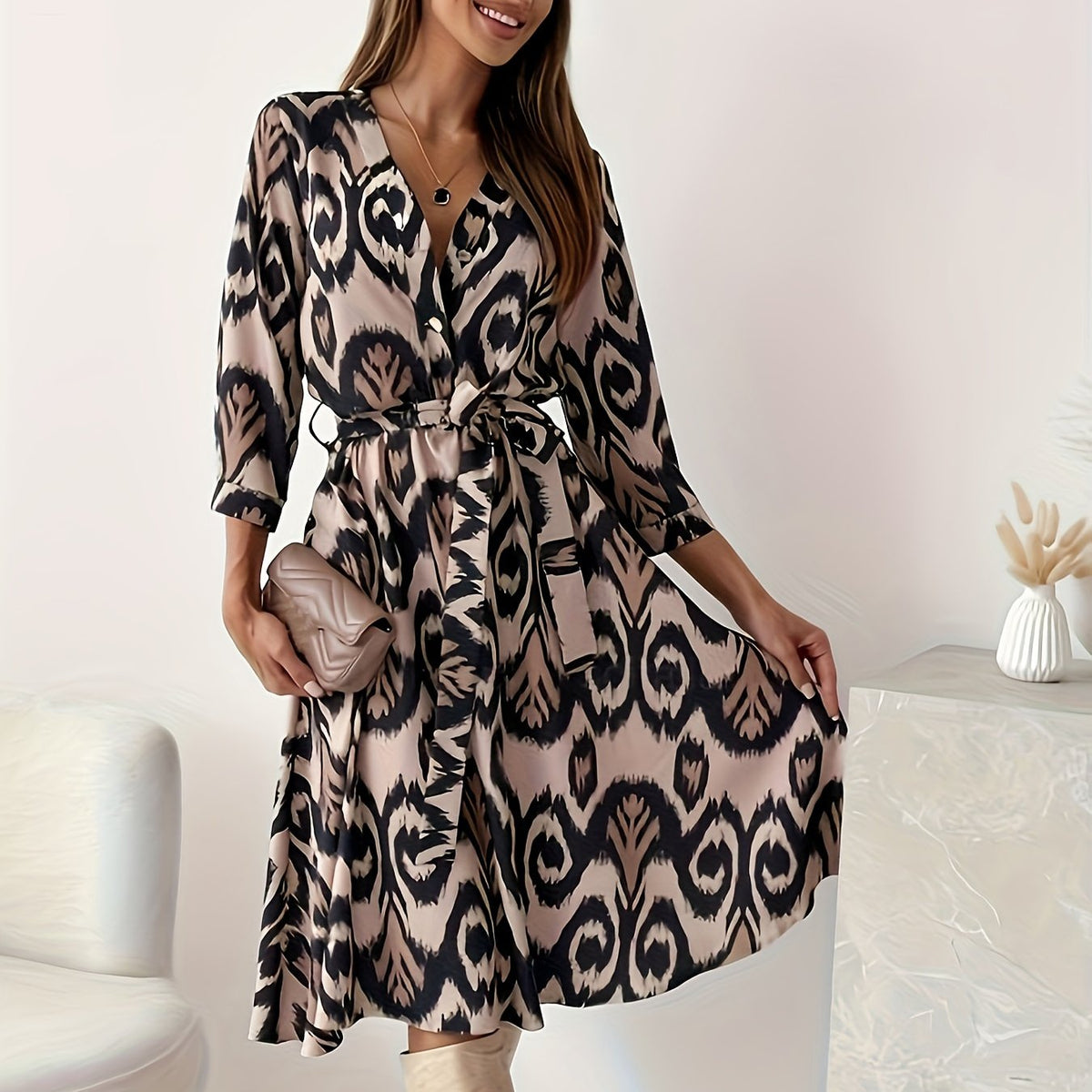  Graphic Print V Neck Dress With Belt