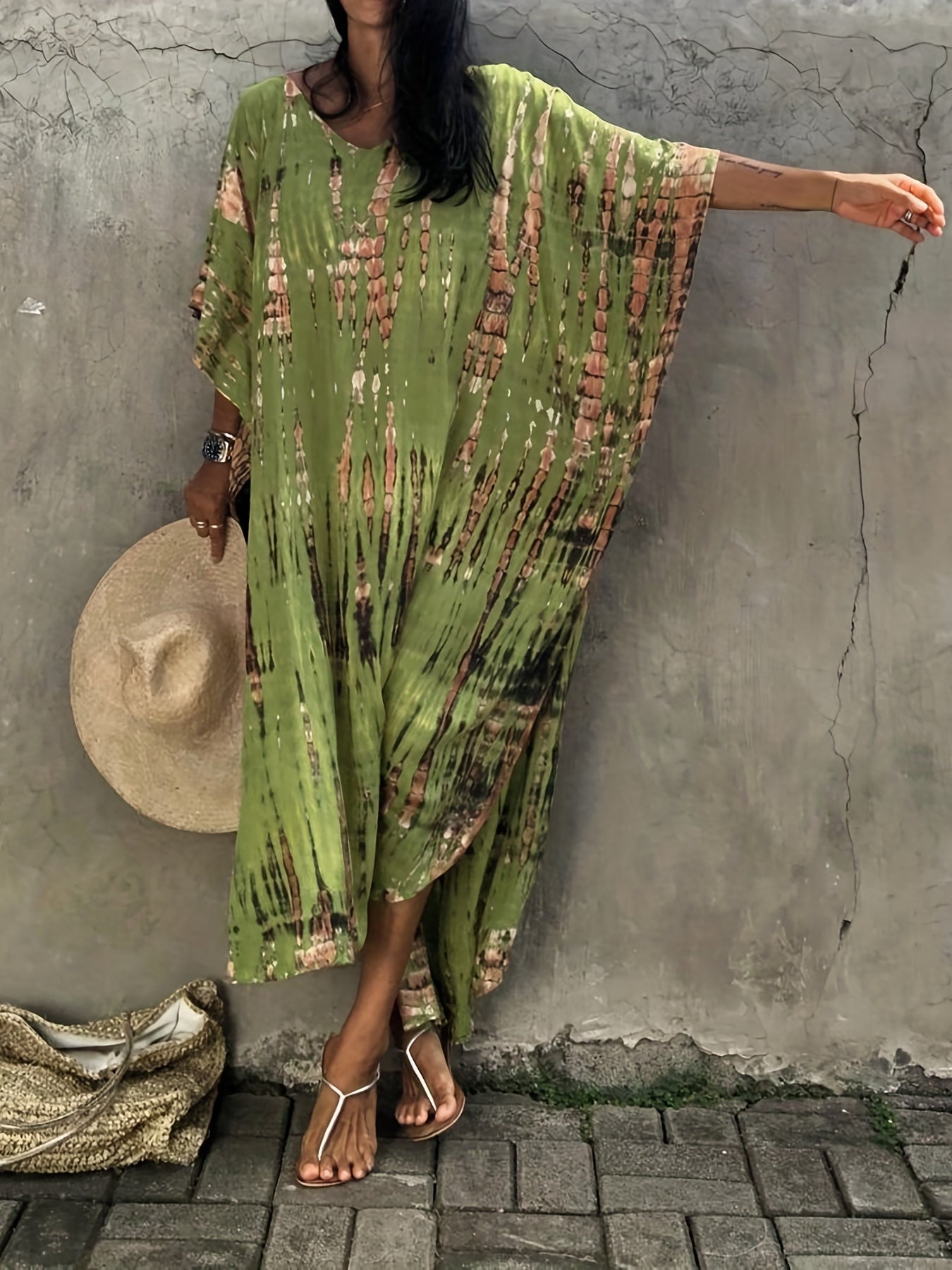  Boho Cover Up Tie Dye Striped Bat Sleeve V Neck Split Max