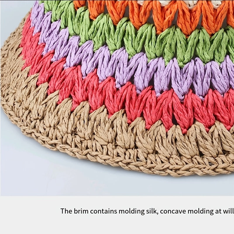 Rainbow Striped Crochet Beanie Elastic Straw Cloche Hats