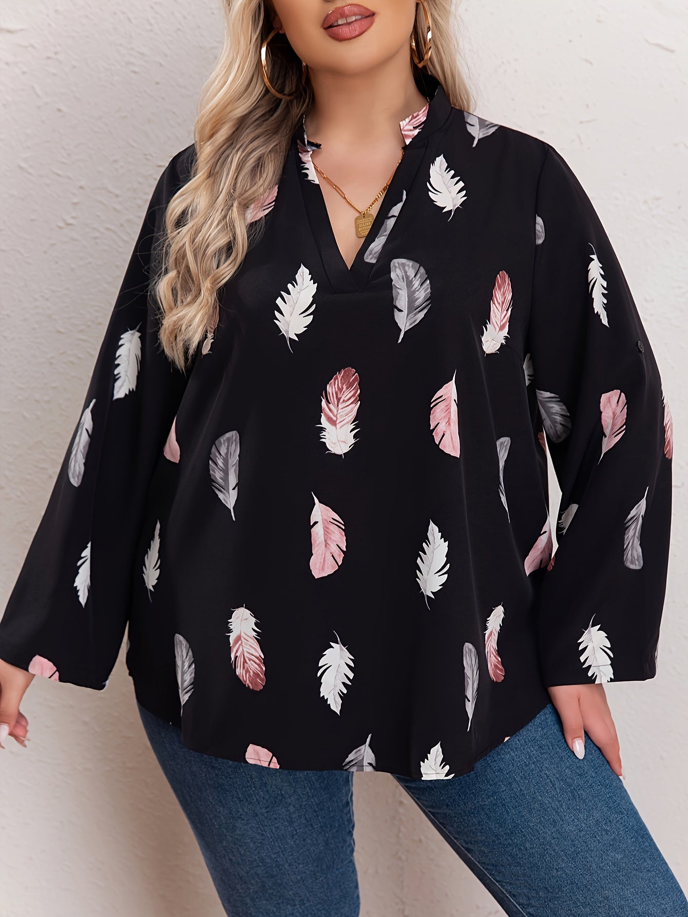  Feather Print Long Sleeve Top